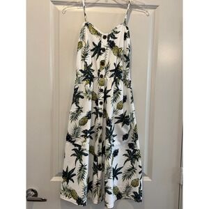Halife Mini Sundress Women White Tropical Pineapple Button Front Spaghetti Strap